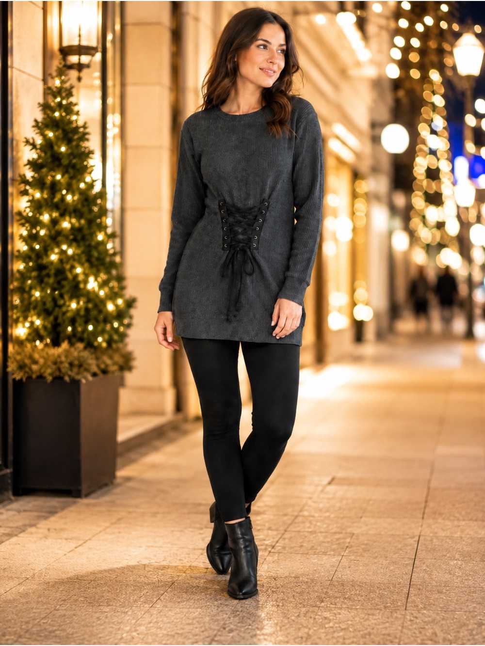 WAYF Women's M Charcoal Corset Lace Up Ribbed Long Sweater Tunic NWT